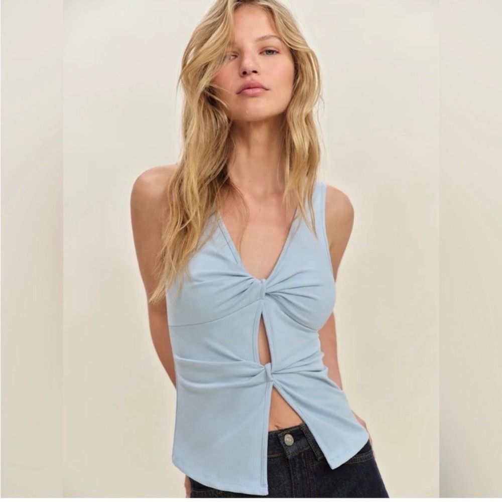 Reformation Tefi Knit Top XS Pale Blue Twist Front Cutout Tank Y2K minimalist